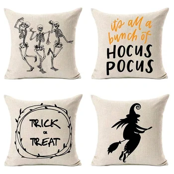 

Halloween Pillow Covers,Halloween Decorations Trick or Treat Skeleton with Cotton Linen Cushion Covers,Halloween Decor
