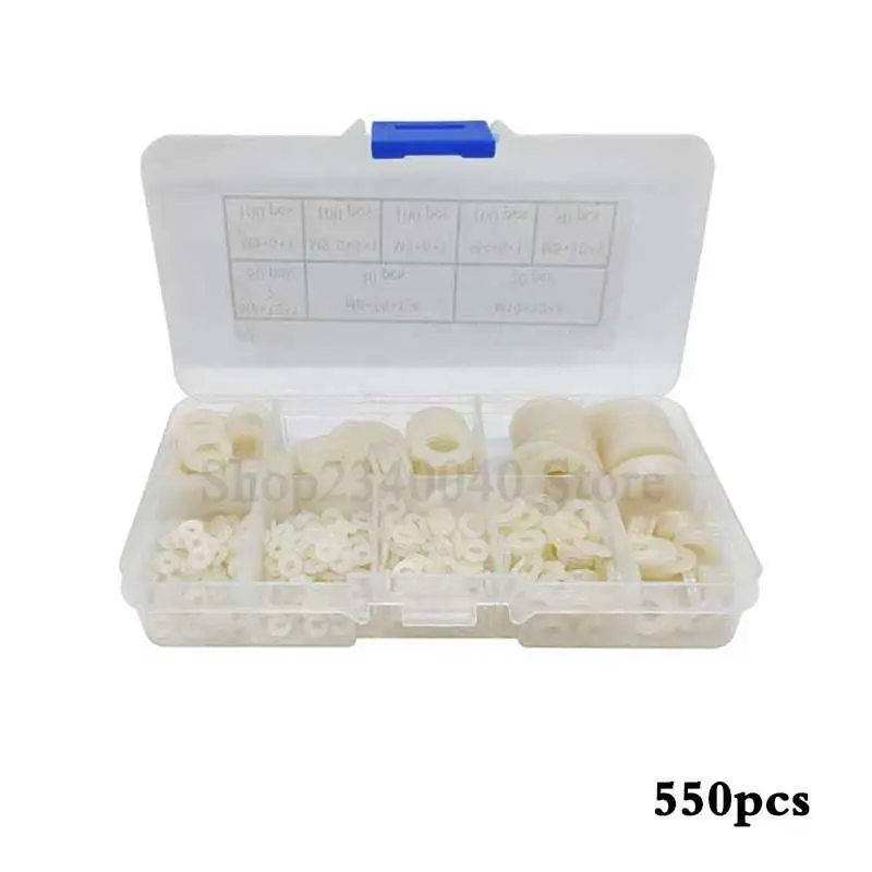 

550pcs Nylon Flat Washer Set m2 m2.5 m3 m4 m5 m6 m8 m10 Gasket Set Plain White Washer Flat Pad Assortment Kit Ring