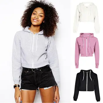 

Women's Long Sleeve Hooded Zipper Outwear Plain Crop Tops Casual Sports Pullover Tops Outfits Coat Plus Size XL