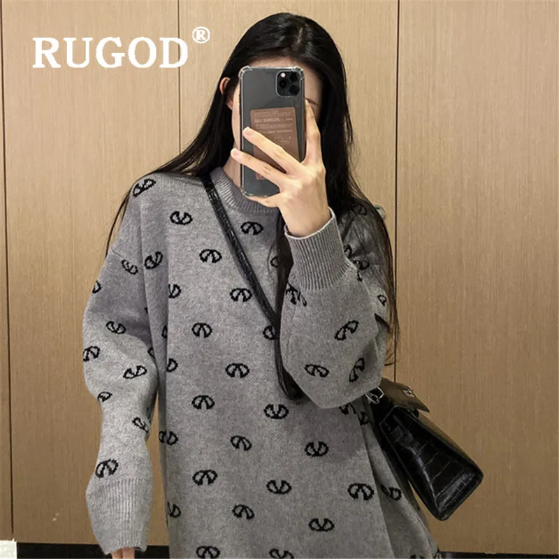 RUGOD, вязаный женский свитер, средней длины, пуловер с круглым вырезом, джемпер, Зимние Топы для женщин, трикотаж, большой размер, корейский стиль
