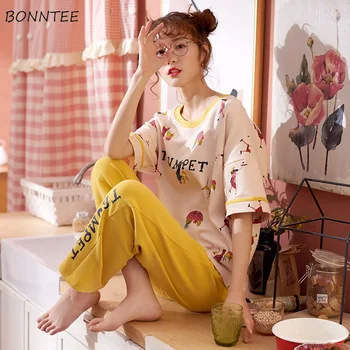 

Pajama Sets Women Summer Long Trousers Printed Korean Style Comfortable High Quality Casual Pyjamas Chic Sleepwear Fashion New