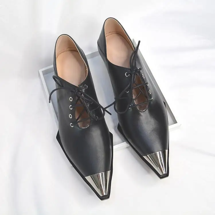 Metal Pointed Toe Patent Leathe Shoes Woman High Heels Pumps Chunky Heels Ladies Shoes Lace Up Talon Femme Party Casual Scarpin