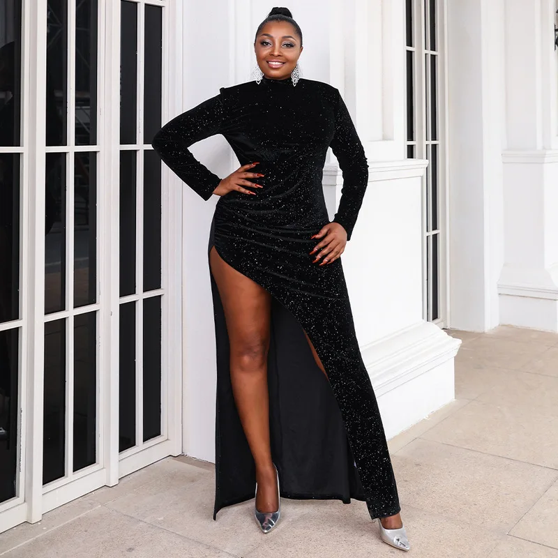 

Женское вечернее платье, Черное длинное платье в африканском стиле с длинными рукавами, блестками и разрезом, платье для выпускного вечера из Турции, Дубая, Саудовской Аравии