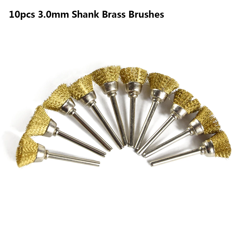 10pcs Brass 10 шт. набор из нержавеющей стали/латуни/нейлона щетки колеса провода подходит для вращающихся инструментов Dremel 3,0 мм хвостовик полировальная щетка абразивная щетка - Цвет: 10pcs Brass