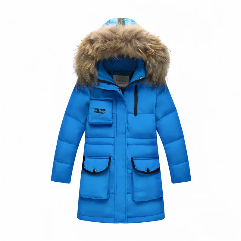 Новинка года, Детский пуховик детская зимняя куртка детский длинный пуховик в Корейском стиле для мальчиков и девочек, плотное пальто с большим меховым воротником - Цвет: Синий