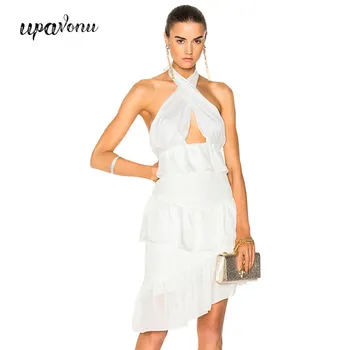 

202 New White Dress Celebrity Club Evening Party Dress Vestidos Sexy Sleeveless Open Back Irregular Mesh Gauze Ruffle Dress