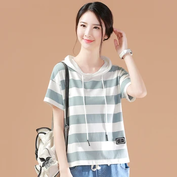 

Short Sleeve Loose Women's 2020 Wear with Hat Stripes New Kind of Girls'T-shirt Korean Summer Leisure Bodywear