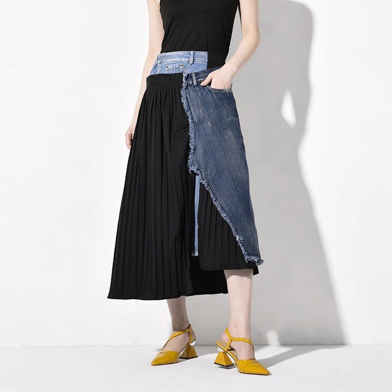 [EAM] синяя Асимметричная плиссированная джинсовая юбка средней длины с высокой эластичной талией, черная женская модная одежда, Новинка весна-осень JZ2650