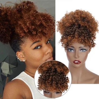 

Vigorous Afro High Puff with Bangs Synthetic Drawstring Ponytail Kinky Curly Hair Extensions for Women Short Pony Tail Fake Hair