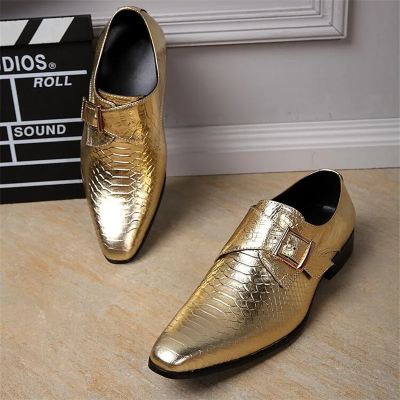 British Men's Genuine Leather Shoes gold/ Silver Business Party Dress Shoes Fashion Flat Wedding Men Gentleman Oxford Shoes