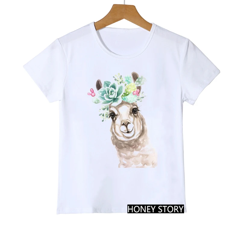 Cute Flower Horse/Penguin/Dog/Fox/Bear/Alpaca/Flamingo/Owl/Pig Animal Print T-shirts for Girls Funny Kids T shirt Girl Clothes couple t shirt T-Shirts