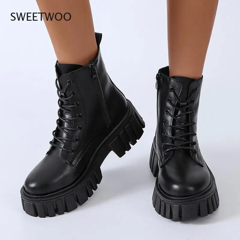 2021 new woman ankle boots white PU leather thick sole lace up combat boots female autumn winter platform shoes woman