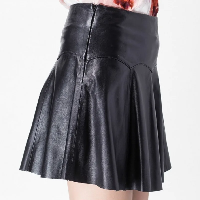 Sexy Club Short Pleated Skirt Women Office Ladies Zipper High Waist Mini Faldas Mujer Quality Genuine Leather Skirts M-3XL | Женская