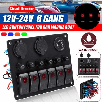 

12V-24V 6 Gang LED Rocker Switch Panel Voltmeter Battery USB Charger Socket Waterproof Blue Green Red For Car Boat Marine