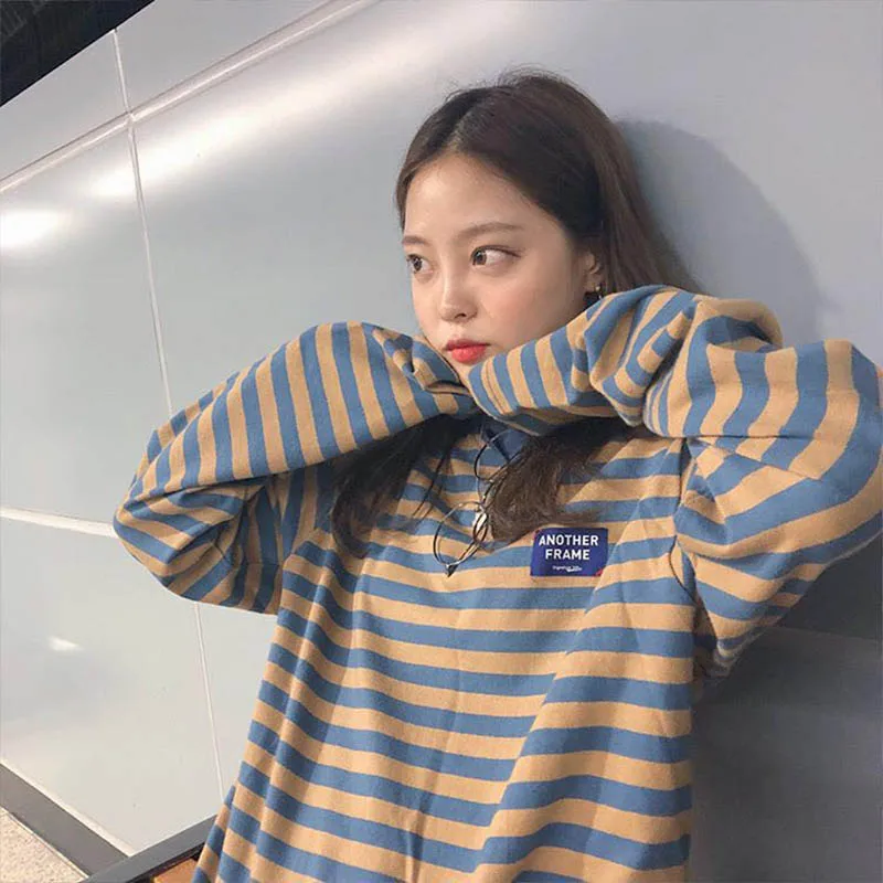 

Korean Ulzzang O-Neck Striped T-shirt Women Casual Long Sleeve Loose T-Shirt Color Block Retro Cotton T-Shirts Femmal