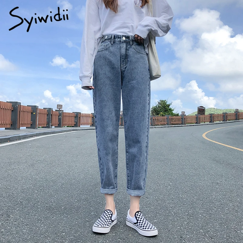 Mom Jeans Harem-Pants Gray Washed Syiwidii High-Waist Plus-Size Women Lace-Up Loose Coated