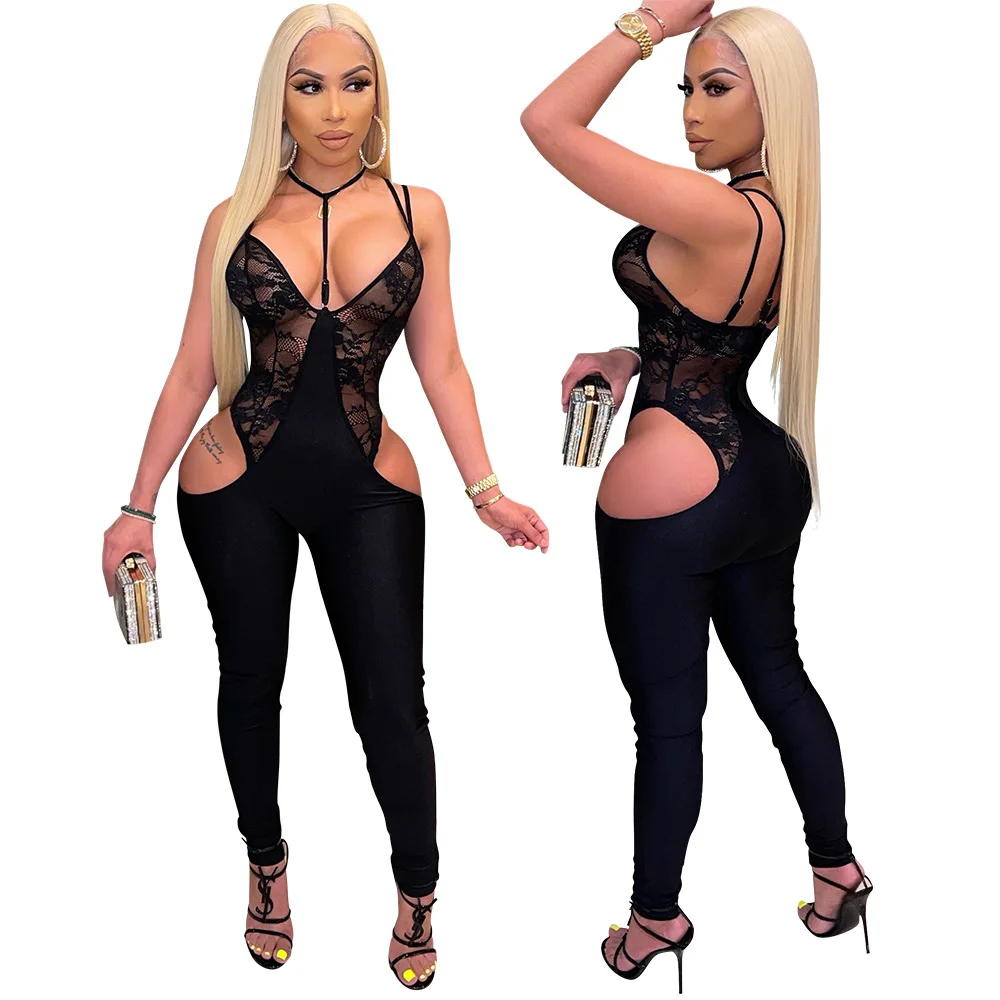 

Summer New Jumpsuit Women's Fashion Sexy V-Neck Exposed Buttocks Lace Perspective Lace Low-Cut Tight-Fitting Trousers