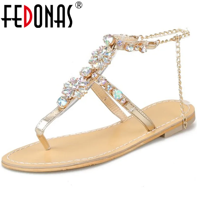 

FEDONAS Sweet Bohemia Rhinestone 2020 New Summer Sandals For Women Flip Flops Low Heels Pumps Party Wedding Fashion Shoes Woman