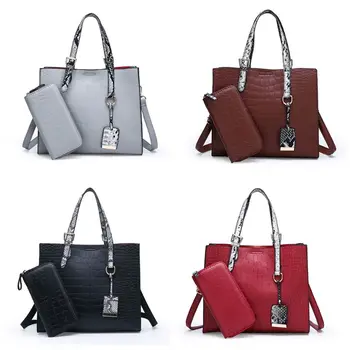 

1 Set Ladies Handbag Solid Color Leather Grain with Wallet Elegant Style Bag LX9F