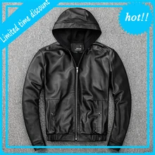 Новинка Мужская Черная куртка с капюшоном Повседневная Мужская винтажная летная куртка из натуральной овчины приталенная Повседневная русская кожаная куртка