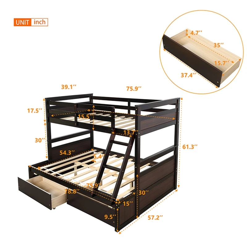 White Solid Pine Wooden Twin Loft Full Bunk Bed Strong Sturdy Frame for Adults Kids Safe Sleeping Beds with Slats