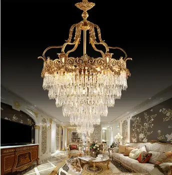 

French copper crystal chandelier European living room villa entrance porch Nordic brass personality creative stair lamps