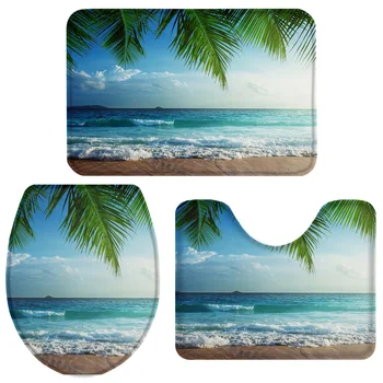 

3 Pieces Bathroom Set Tropical Beach Surf Sky Coconut Leaf Bath Set Toilet Cover Mat Pedestal Rug Non-Slip Bathroom Rug Set