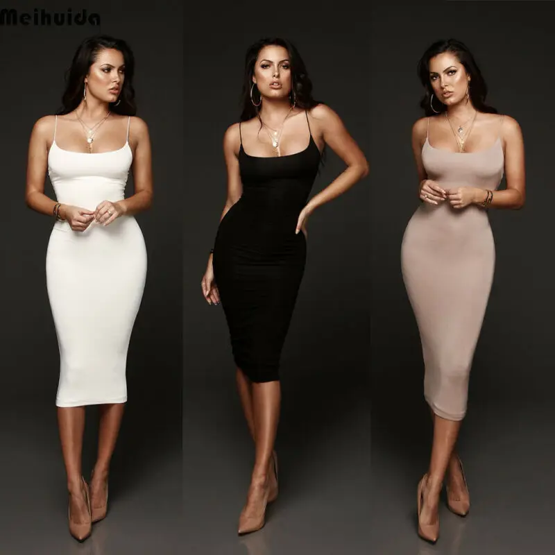 Women Lady V-Neck Pencil Dress Solid Color Backless Spaghetti Strap Bodycon Slim Slip Summer Beach Sundress | Женская одежда