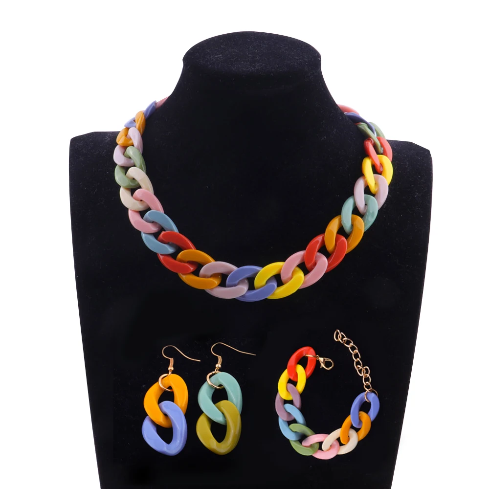 H727efd1f01534f0cbed845df13d796689 New Acrylic Long Chain Necklace Earrings For Women Colorful Resin Chain Collar Pendant Necklaces Fashion Jewelry Mallzona