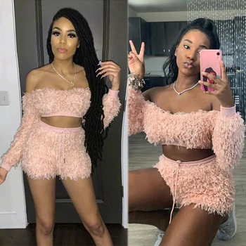 

Cute Pink Fluffy Sweater 2 Piece Set Women Off Shoulder Long Sleeve Crop Top Shorts Sexy Club Outfits
