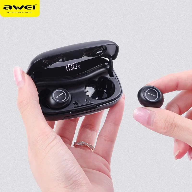 AWEI T19 TWS 5.0 2500mAh LED Display Super Bass Stereo Earbuds Noise Cancelling Waterproof IPX5 With Dual Mic For Gaming,Sport