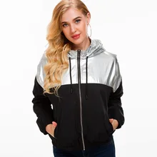 

Long Sleeve Zipper Ladies Jackets Patchwork Hooded Women Coat Casual Silver Black Spliced Jacket Autumn Winter New Fashion