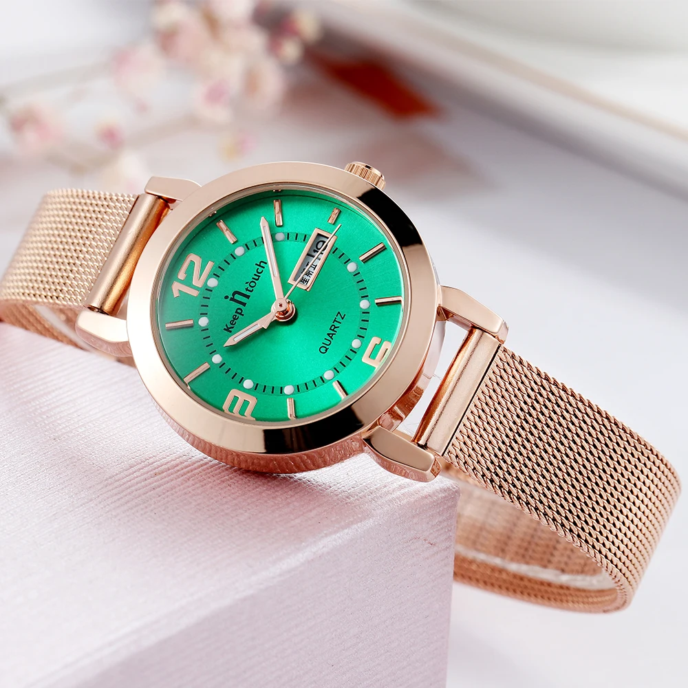 

Calendar Week Display Watch Women Quartz Keep in Touch TOP Brand Simple Three-Needle Watch Green Rose Clock Relogio Feminino