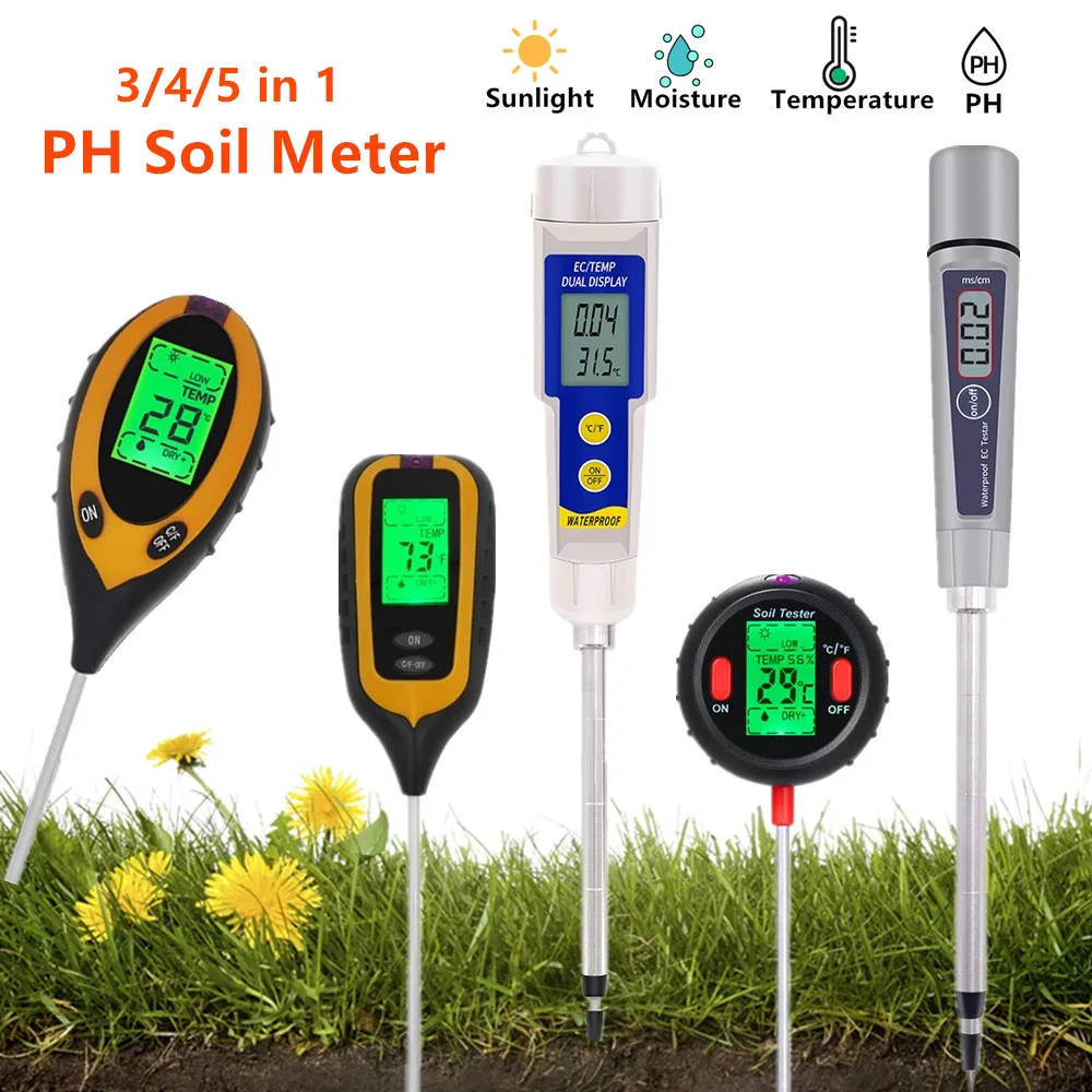4 in 1/5 in 1 Soil PH Meter Sunlight PH Tester Garden Flowers Temp Acidity Meter Moisture Testing Tool Humidity Analyzer