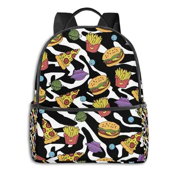 

Classical Simple Canvas Backpacks School bag Pizza Hamburger And French Fries On 80s 90s Zebra Print Laptop Back pack travel bag