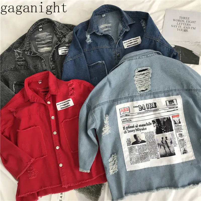 

Gaganight Hole Women Jeans Jacket Patch Designs Streetwear Loose Vintage Girls Coat Plus Size Solid BF Korea Style Denim Jacket