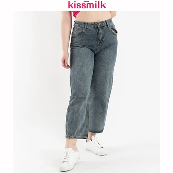 

KISSMILK 2020 Spring And Summer Plus Size Fat MM Washed Old Jeans Wide Leg Pants Loose Wild