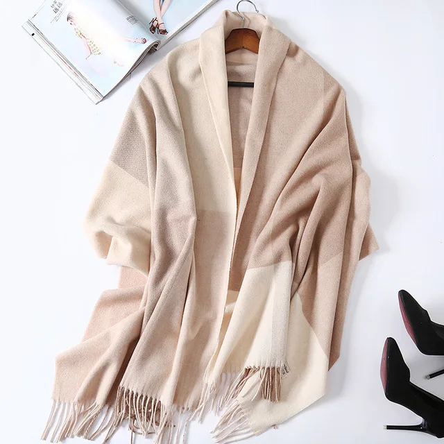 beige 380 г утолщенный шерстяной шарф женский классический 200*70 см зимний теплый кашемировый плед-Шарф кашемировые кисти женская накидка шаль - Цвет: beige