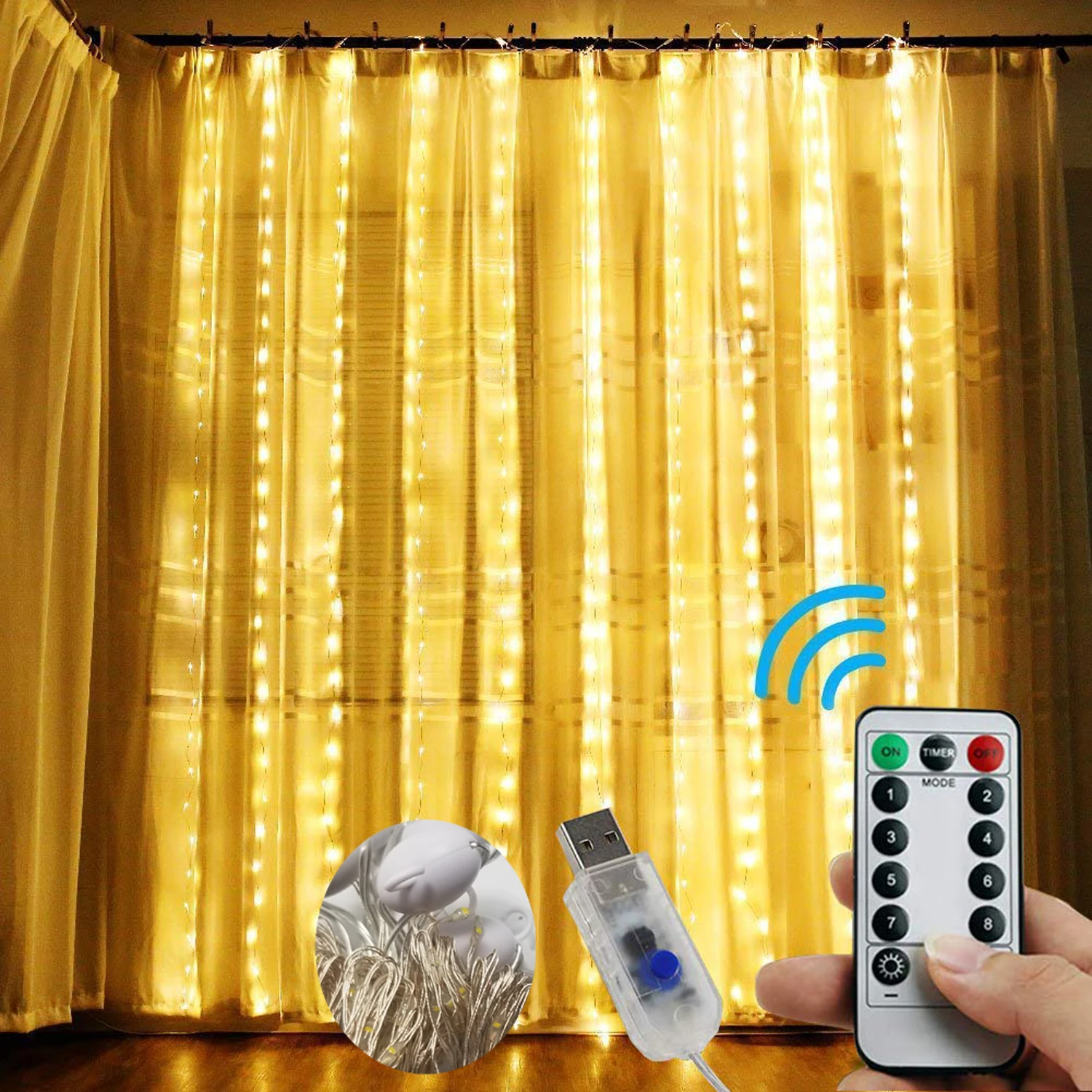 

Curtain String Lights, 3x3M 300 LED Window Curtain Lights with 8 Modes USB Powered Fairy Lights for Wedding Christmas Party