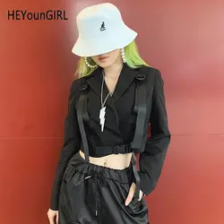 HEYounGIRL Harajuku панк черная укороченная куртка повседневные пальто с длинными рукавами женское готическое пальто с пряжкой полоски осень 2019