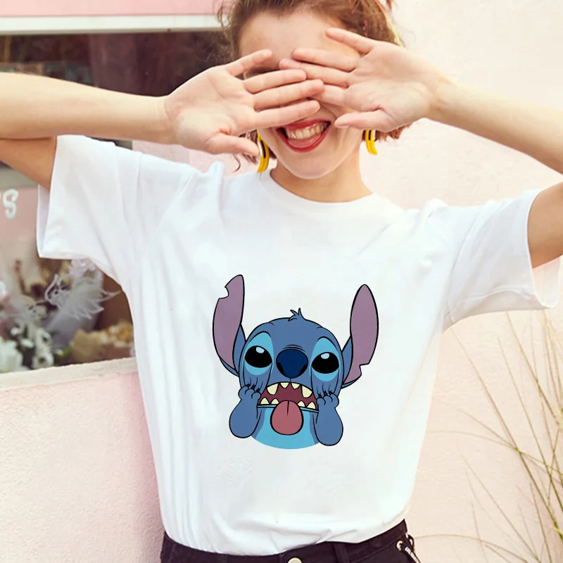 Эффектная Женская модная футболка Lilo Stitch Harajuku Kawaii, Женская Повседневная футболка с коротким рукавом и милым рисунком, милые футболки