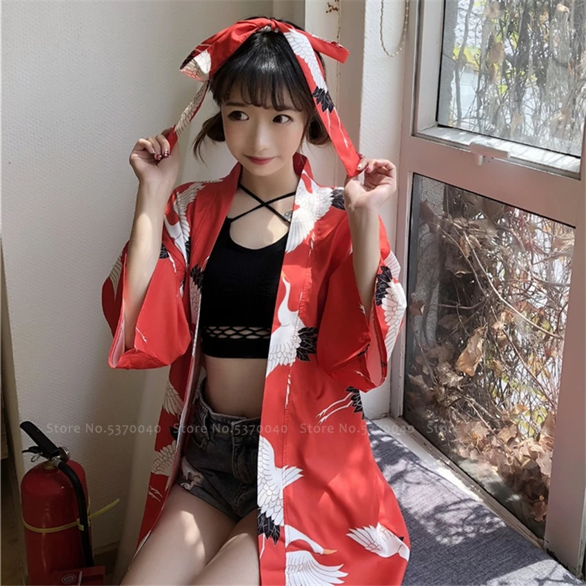 Летняя женская японская мода кардиган уличная кимоно Haori печать кран халаты Китайская традиционная юката пальто азиатская одежда