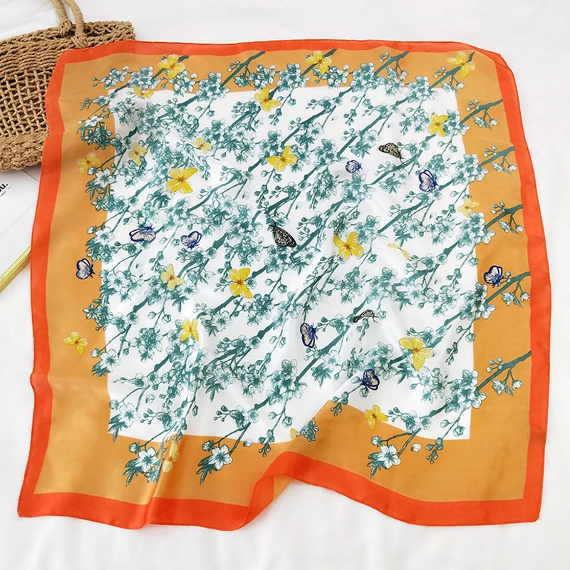 

70cm New Square Silk Scarf Women Neckerchiers Fashion Flowers Printing Foulard Head Scarf Ladies Neckwear Daily Decoration