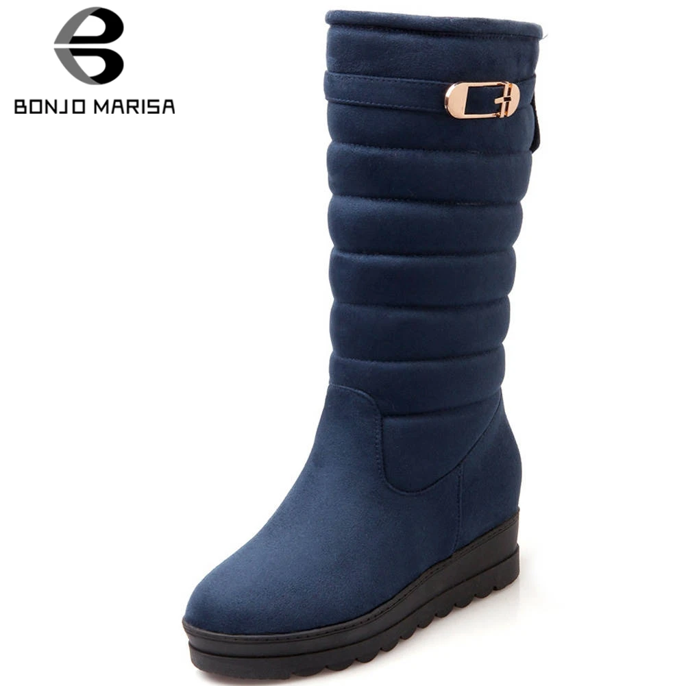 BONJOMARISA Big Size 33-42 New Snow Boots Women Fashion Belt Buckle Ladies Height Increasing Platform Winter Warm Fur Boots