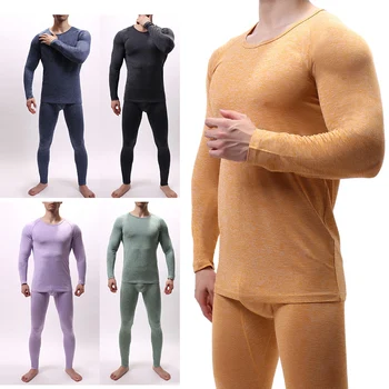 

2pcs Mens Underwear Set Solid Color Warm Sleepwear Kit Thin Long Sleeve Casual Tshirt Top Bottoms Pants for Fall hh88