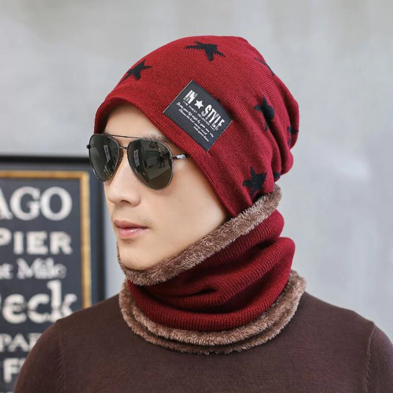 men red hat Комплект из 2 предметов, зимняя мужская шапочка, Шапка-бини, Детская шерстяная теплая мужская и женская зимняя шапка, вязаная шапка черного цвета - Цвет: men red hat