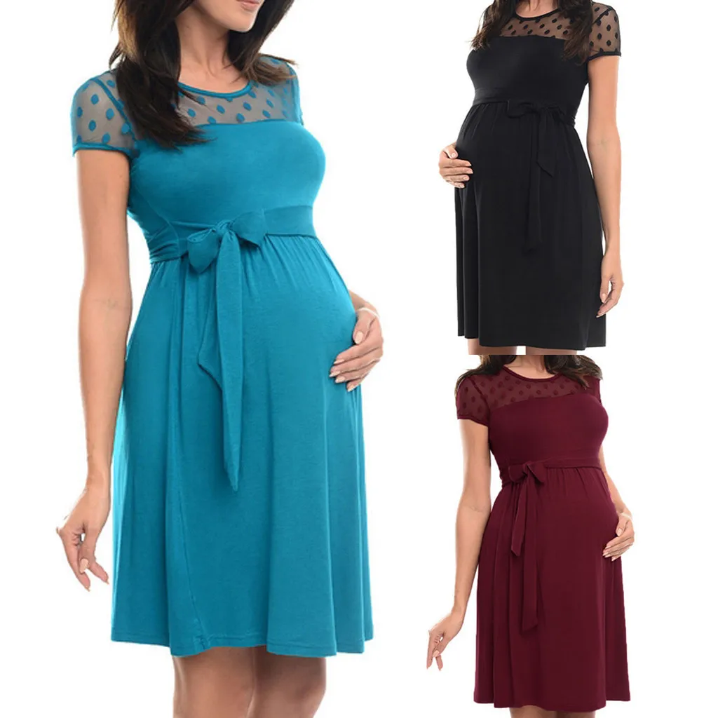 

Sexy Maternity Dress Pregnant Lace O-Neck Pure Color Lace-up Short Sleeve Dress Women Party Formal Evening Dress