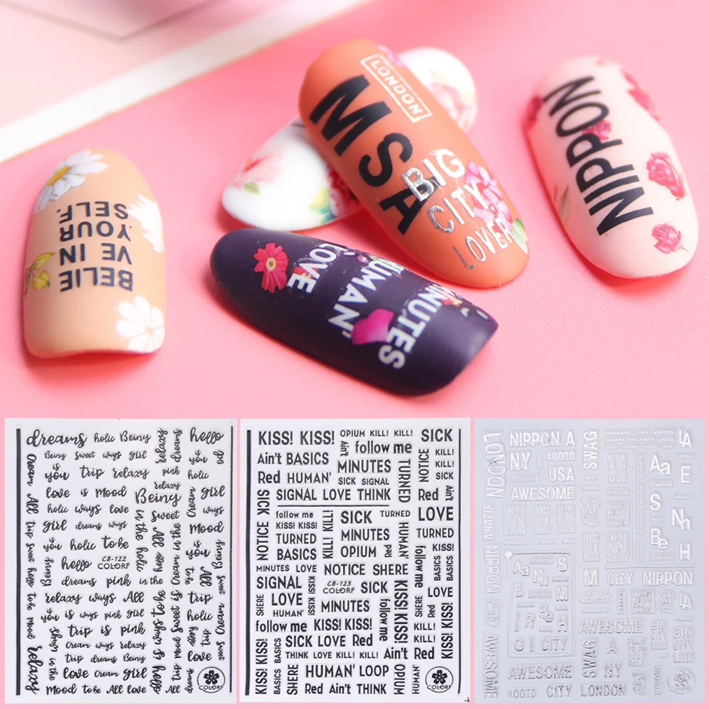 1pc 3d Adhesive Decals Nail Art Sticker Letters Black White Silver