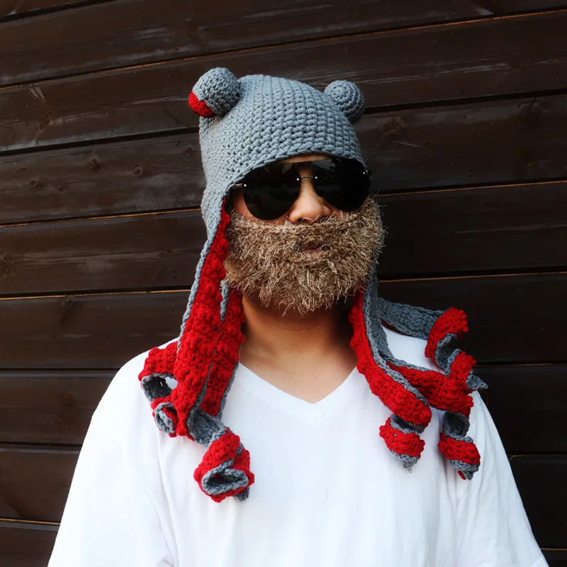 thumbnail image 1 of Gorros de lana tejidos a mano con forma de pulpo para hombre, gorros divertidos y divertidos para fiestas de disfraces de Navidad, gorros cálidos para parejas para invierno, 1 of 5