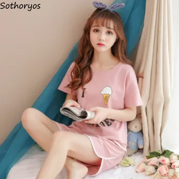 

Pajama Sets Women Summer Loose Students Korean Style New Sweet Leisure Womens Round Neck Cartoon Clothing Female Comfortable